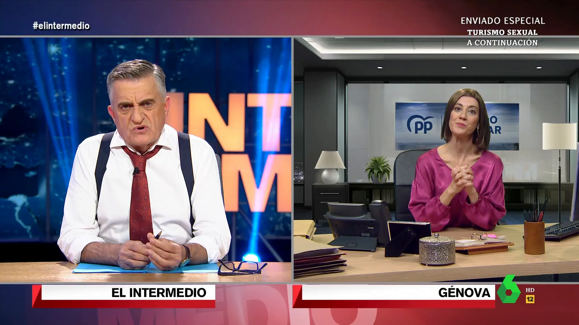 En este vídeo de El Intermedio, Cristina Gallego se convierte en Cuca Gamarra que, entrevistada por Wyoming, no termina de posicionarse sobre las protestas en Ferraz: "Sánchez, parguelas, busca casa en Bruselas", proclama.