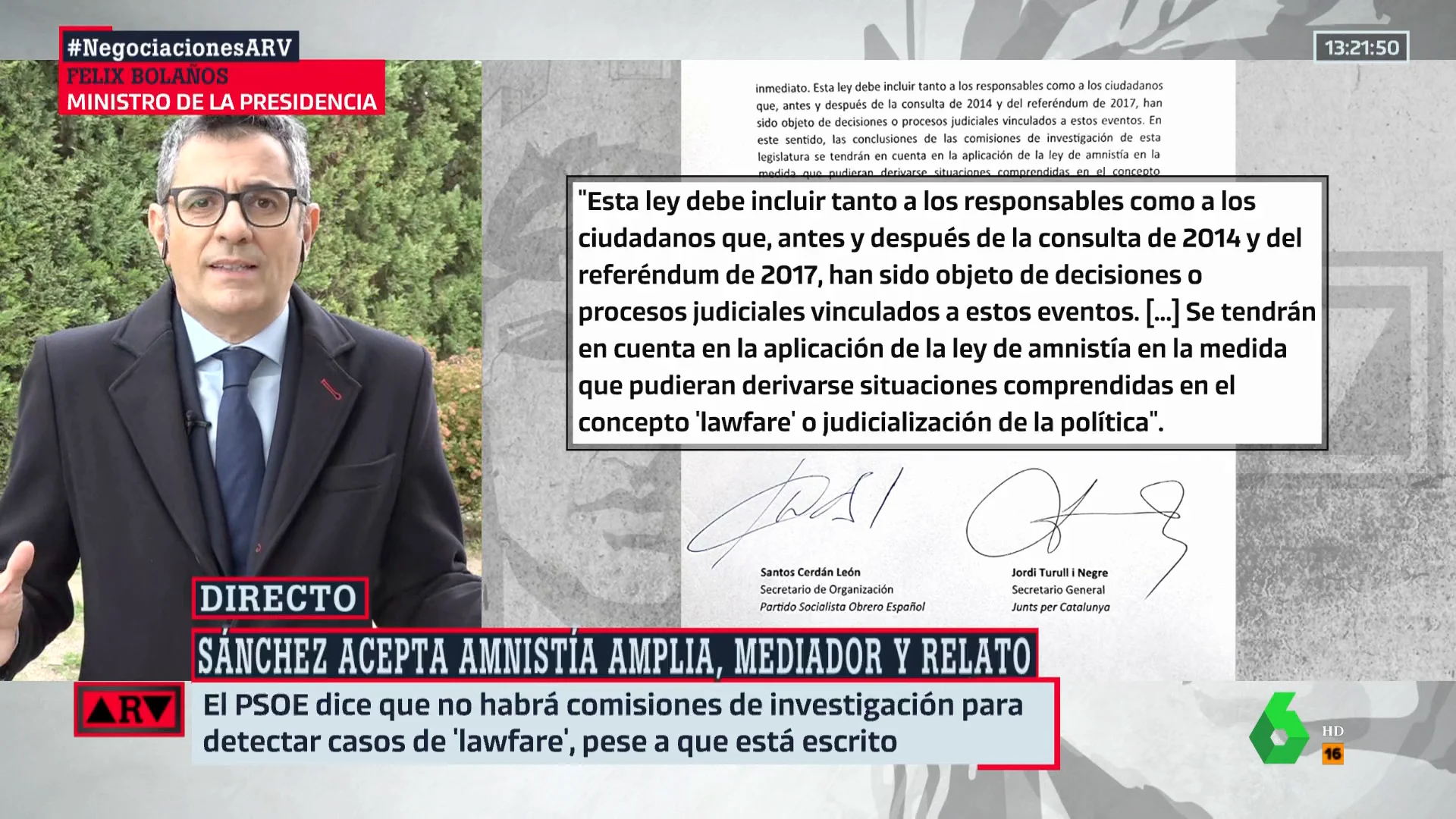 Bolaños niega una guerra sucia judicial tras la alusión al lawfare en el pacto con Junts