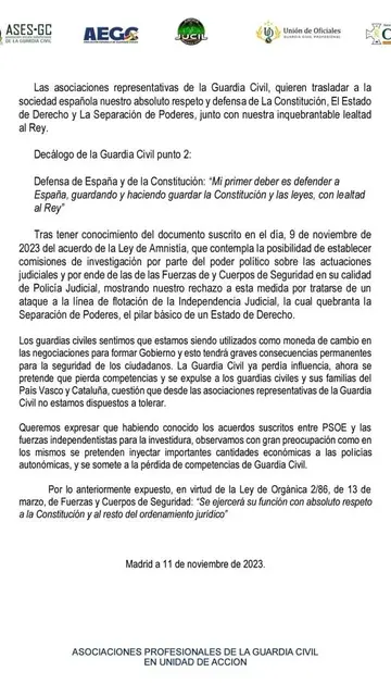 El comunicado de las cinco asociaciones de la Guardia Civil contra el pacto de PSOE y Junts El comunicado de las cinco asociaciones de la Guardia Civil contra el pacto de PSOE y Junts