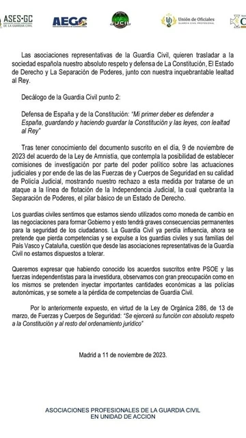 El comunicado de las cinco asociaciones de la Guardia Civil contra el pacto de PSOE y Junts 