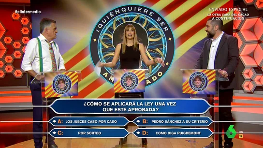 ¿Cuándo entrará en vigor la ley de amnistía? ¿Se puede parar? Las preguntas que resuelve el concurso de El Intermedio Dani Mateo y El Gran Wyoming se convierten en concursantes de '¿Quién quiere ser amnistiado?', el concurso presentado por Sandra Sabatés que resuelve todas las dudas sobre la ley de amnistía. El ganador final, en este vídeo de El Intermedio.