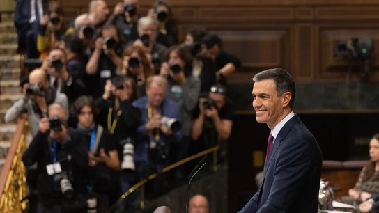 Pedro Sánchez, al inicio de su intervención en la primera sesión del debate de investidura en el Congreso de los Diputados. Pedro Sánchez, al inicio de su intervención en la primera sesión del debate de investidura en el Congreso de los Diputados.