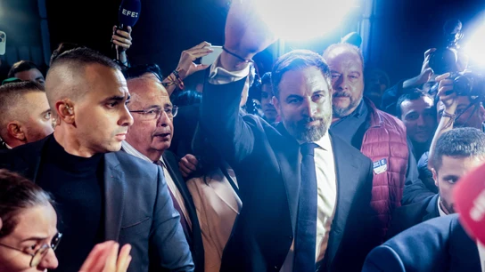 El líder de Vox, Santiago Abascal, saluda a los manifestantes tras abandonar el Congreso en pleno debate de investidura El líder de Vox, Santiago Abascal, saluda a los manifestantes tras abandonar el Congreso en pleno debate de investidura