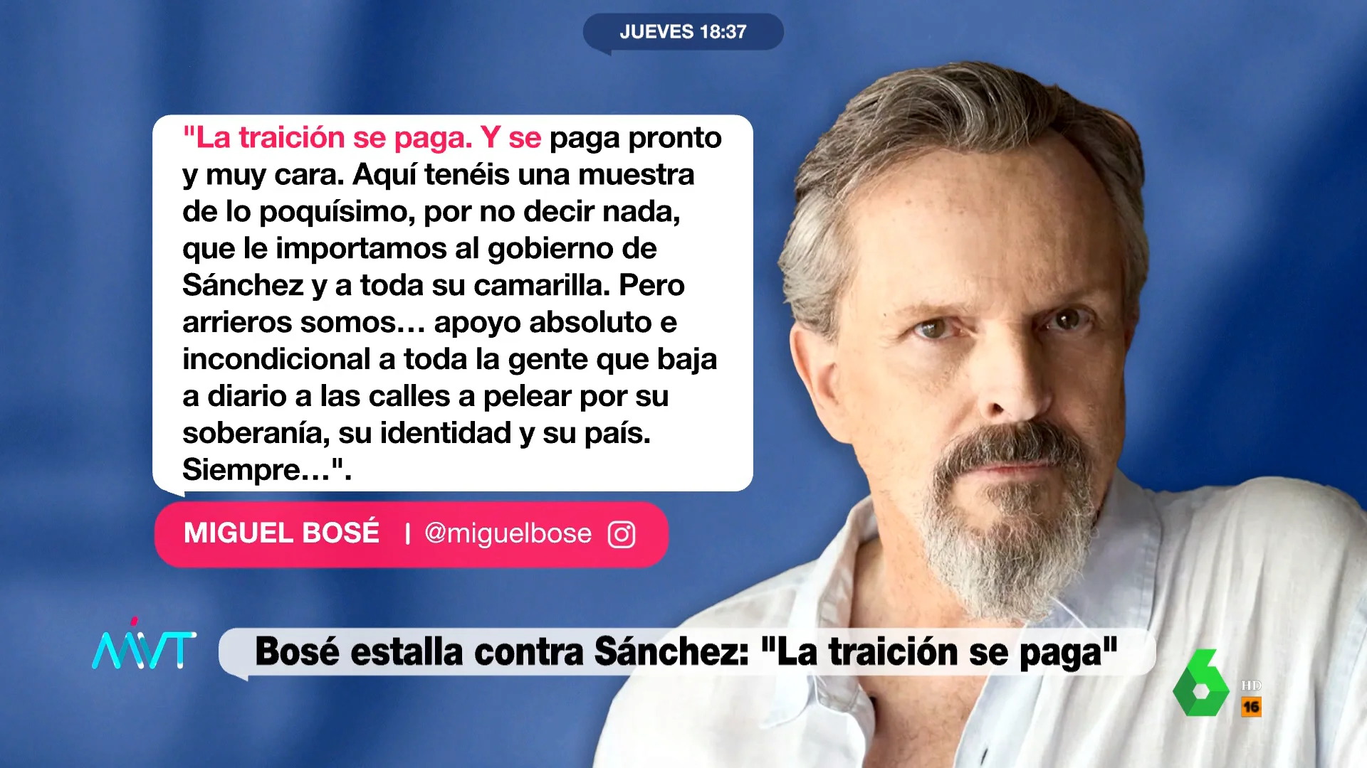 Miguel Bosé arremete contra Pedro Sánchez por sus pactos de investidura: "La traición se paga"