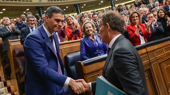 Alberto Núñez Feijóo y Pedro Sánchez Alberto Núñez Feijóo a Pedro Sánchez mientras le estrecha la mano: "Esto es una equivocación"