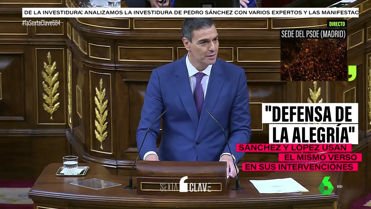 Pedro Sánchez y Patxi López cierran la investidura de 'verso a verso' con una poesía de Mario Benedetti: "defender la alegría como un principio, como una bandera, como un destino"