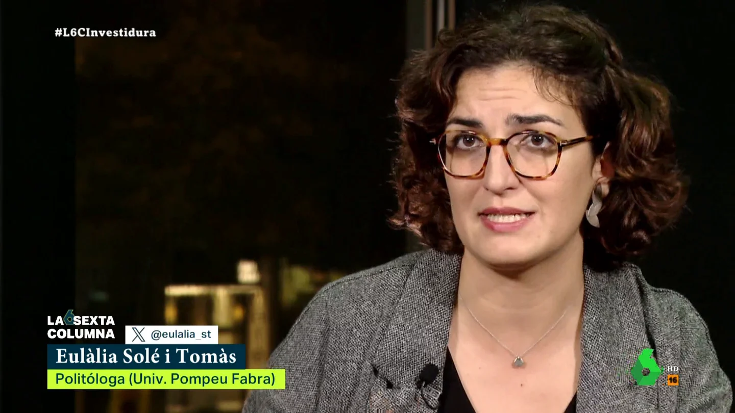 Eulália Solè explica cómo ve el independentismo la amnistía Eulàlia Solè i Tomè, profesora de Ciencia Política en la Universidad Pompeu Fabra, declaró hace unos años su independentismo en laSexta Columna. Hoy admite en este vídeo que, desde entonces, las cosas en Cataluña han cambiado.
