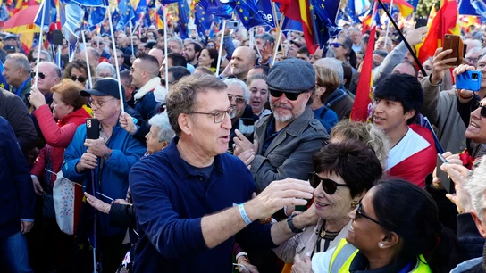 El líder del PP, Alberto Núñez Feijóo, durante la manifestación del sábado en Cibeles El líder del PP, Alberto Núñez Feijóo, durante la manifestación del sábado en Cibeles
