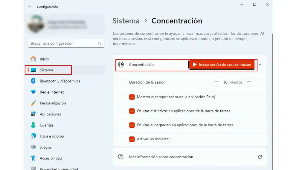 Activando el modo concentración