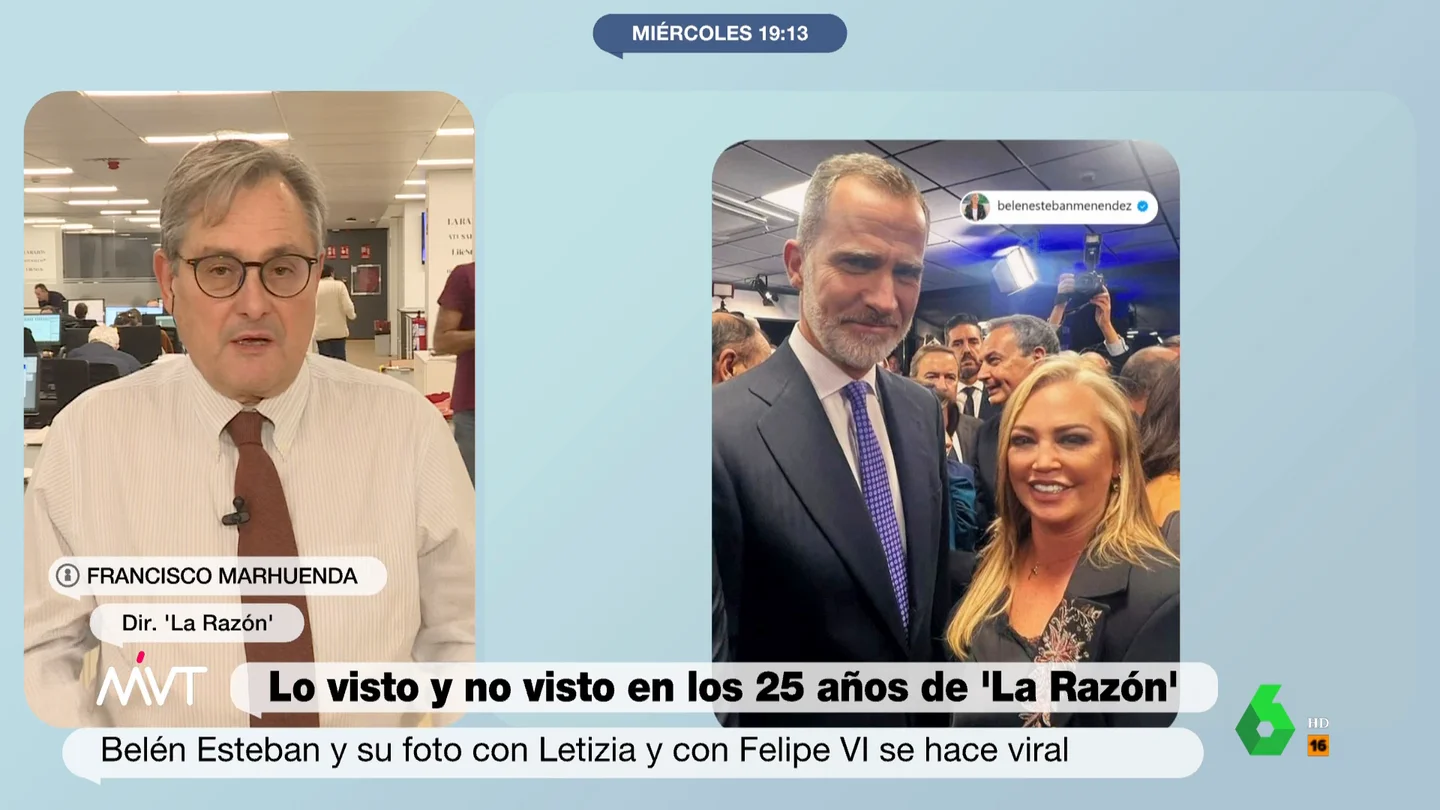 Marhuenda desvela los entresijos de la foto de Belén Esteban y los reyes En este vídeo, Más Vale Tarde conecta con el director de 'La Razón', Francisco Marhuenda, para analizar los detalles de la fiesta por el 25º aniversario del periódico, donde coincidieron, foto viral mediante, Felipe VI, la reina Letizia y Belén Esteban.