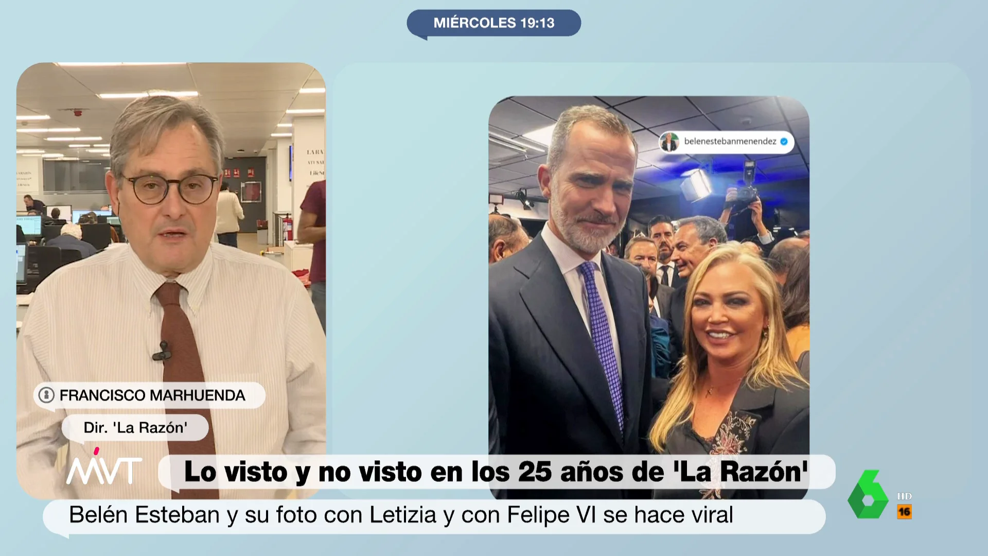 En este vídeo, Más Vale Tarde conecta con el director de 'La Razón', Francisco Marhuenda, para analizar los detalles de la fiesta por el 25º aniversario del periódico, donde coincidieron, foto viral mediante, Felipe VI, la reina Letizia y Belén Esteban.