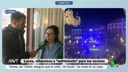 Vecinos de Toledo denuncian sufrimiento por los villancicos y luces navideñas Más Vale Tarde habla con una de las vecinas de Toledo que denuncian los ruidos y las luches de la decoración navideña frente a sus casas: "Suenan tres villancicos que se repiten y me los sé de memoria, ya sueño con ellos", afirma en este vídeo.