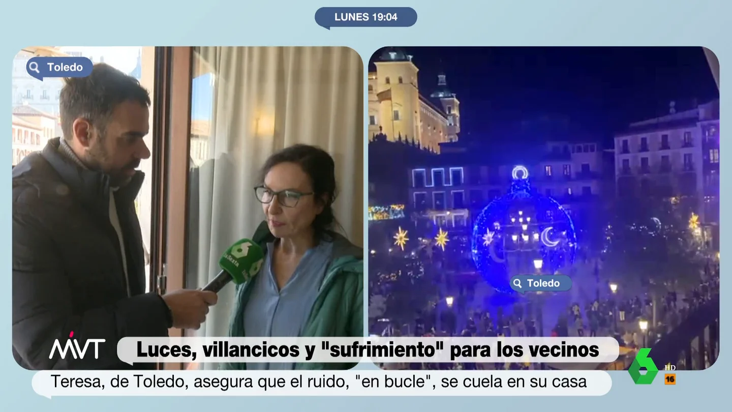 Vecinos de Toledo denuncian sufrimiento por los villancicos y luces navideñas Más Vale Tarde habla con una de las vecinas de Toledo que denuncian los ruidos y las luches de la decoración navideña frente a sus casas: "Suenan tres villancicos que se repiten y me los sé de memoria, ya sueño con ellos", afirma en este vídeo.
