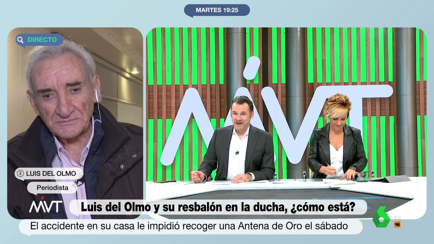 Luis del Olmo reaparece tras su resbalón en la ducha "El médico me ha dicho que qué suerte he tenido", comenta Luis del Olmo en este vídeo de Más Vale Tarde donde explica cómo se encuentra de salud después de no poder recoger la Antena de Oro el pasado sábado por un accidente doméstico.