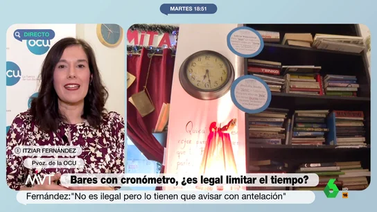 Una portavoz de la OCU, sobre que algunos bares pongan tiempo límite por consumición "No es ilegal, pero lo tienen que avisar", afirma Itziar Fernández sobre la nueva tendencia de los bares con cronómetro. En este video de Más Vale Tarde explica que, de no haber sido previamente informados, "podríamos poner una reclamación".