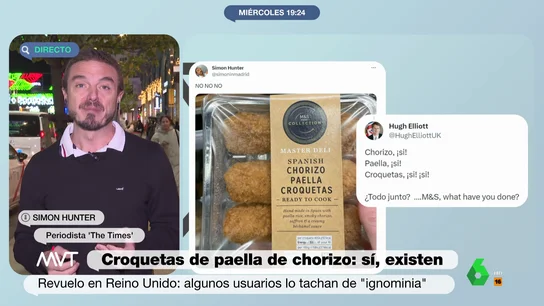 Un periodista británico desvela qué chef español con Estrella Michelín está detrás de las croquetas de paella con chorizo "Les gusta hacer cosas de fusión, porque a los británicos les flipa el chorizo y la paella y no iban a poner en el envoltorio arroz con cosas", comenta Simon Hunter, periodista del 'Times', sobre las razones de Marks & Spencer para vender estas croquetas.