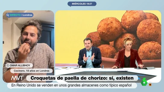 Un cocinero prueba en Más Vale Tarde las croquetas de paella con chorizo "Esto no es una croqueta barata, es de muchísima calidad", afirma Omar Allibhoy, cocinero y divulgador que en este vídeo analiza las polémicas croquetas de paella con chorizo que se venden en Reino Unido y prueba una en directo.