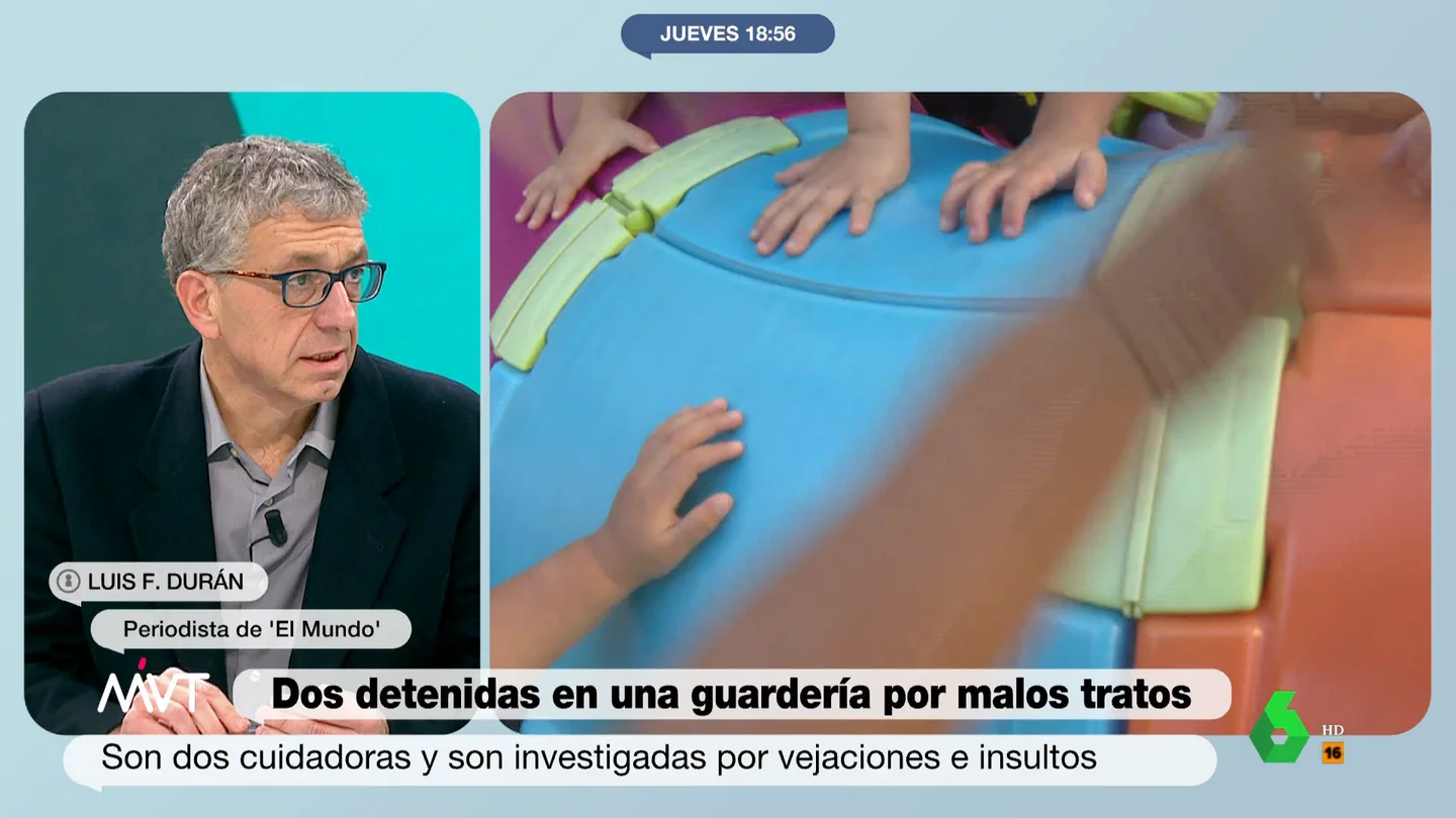 Luis Fernández Durán detalla el maltrato en una guardería de Pozuelo En este vídeo de Más Vale Tarde, el periodista de 'El Mundo' analiza la detención de dos cuidadoras de una guardería de Pozuelo de Alarcón por supuestos malos tratos a los niños del centro, al que van hijos de jugadores del Atlético de Madrid.