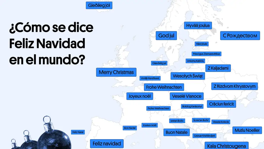 Mapa de cómo se dice Feliz Navidad en Europa