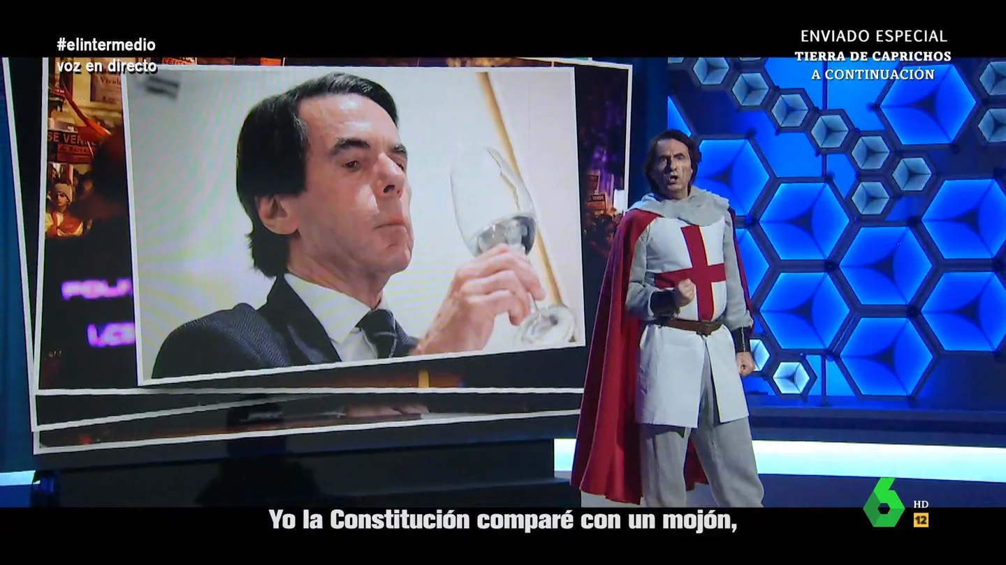 El himno de Aznar contra Sánchez "Cuando despiertes un día y veas que el país no está, que en el nombre del sanchismo tu España van a destrozar", entona 'José María Aznar', imitación de Raúl Pérez mediante, en este vídeo de El Intermedio.