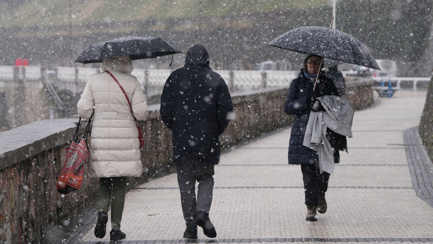 Varias personas pasean por el paseo mar&iacute;timo de la playa de Ondarreta mientras nieva.