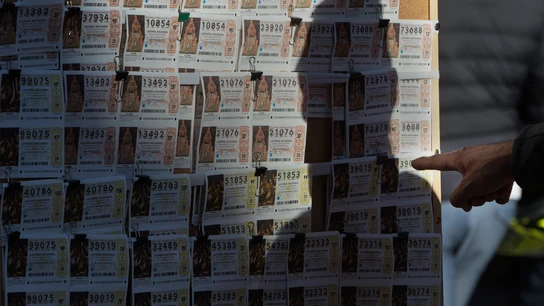 Un tablero con numerosos décimos de la Lotería de Navidad Un tablero con numerosos décimos de la Lotería de Navidad