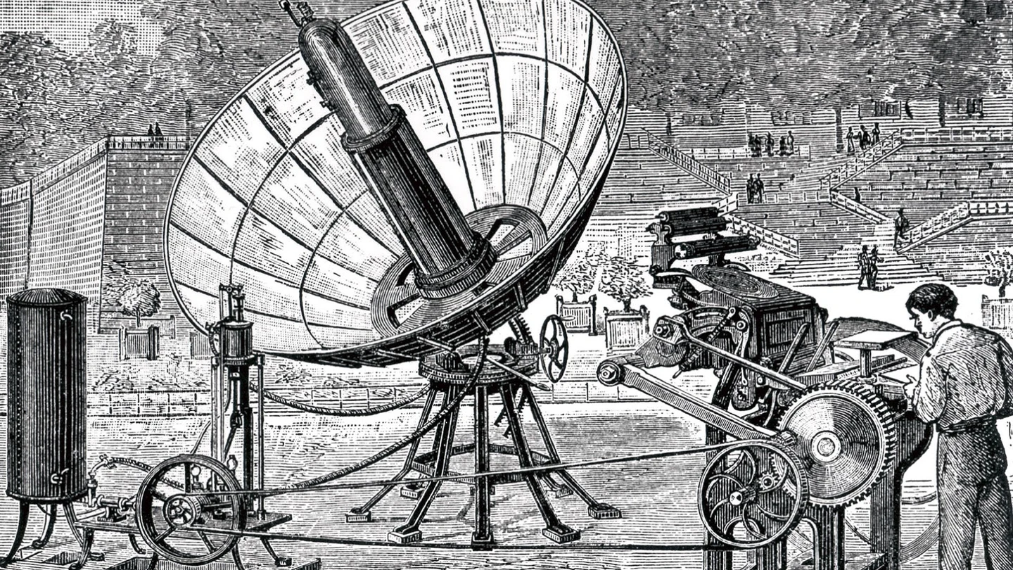Grabado del motor solar de Augustine Mouchot 'El inventor', la humillante derrota de Augustine Mouchot, el olvidado científico que creyó en la energía solar antes que nadie