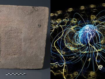 Ladrillo de Mesopotamia e ilustración del campo magnético de la Tierra
