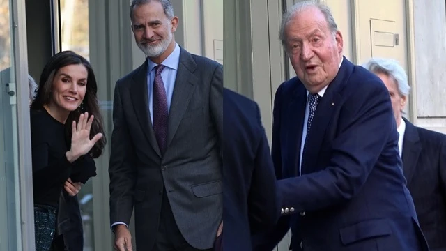 Los reyes Felipe y Letizia saludan a la prensa a su llegada al cumpleaños de la infanta Elena, donde también ha estado Juan Carlos