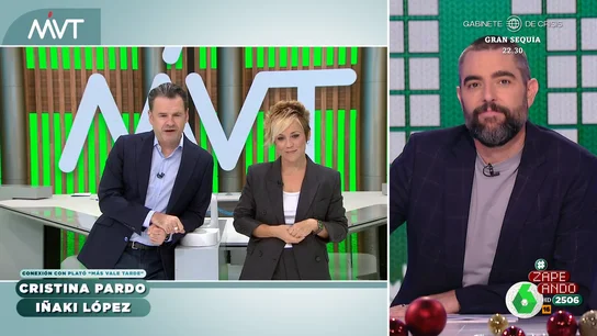 Iñaki López a Dani Mateo sobre su 'look' para las Campanadas "Si la gente supiera cuál va en cabeza...", comenta Cristina Pardo sobre el 'look' de Dani Mateo para las Campanadas, que pueden elegir los espectadores. Según el presentador, ella "ha votado por el esmoquin para no pasar más vergüenza".