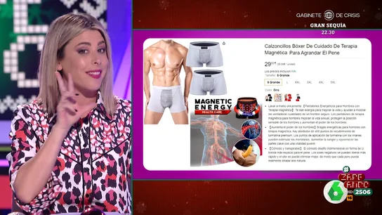 Valeria Ros presenta los "calzoncillos de terapia magnética para agrandar el pene" "Los iones negativos se pueden liberar más rápido y el olor se puede eliminar mejor", destaca Valeria Ros de la explicación de estos peculiares calzoncillos que ha comprado para Zapeando y, señala, "vienen en pack de tres, son seis huevos y tres penes".