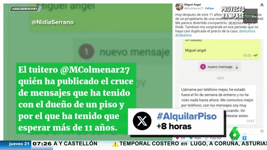 Intenta alquilar un piso en Madrid y el casero le contesta 11 años después: "He estado fuera el fin de semana" Intenta alquilar un piso en Madrid y el casero le contesta 11 años después: "He estado fuera el fin de semana"