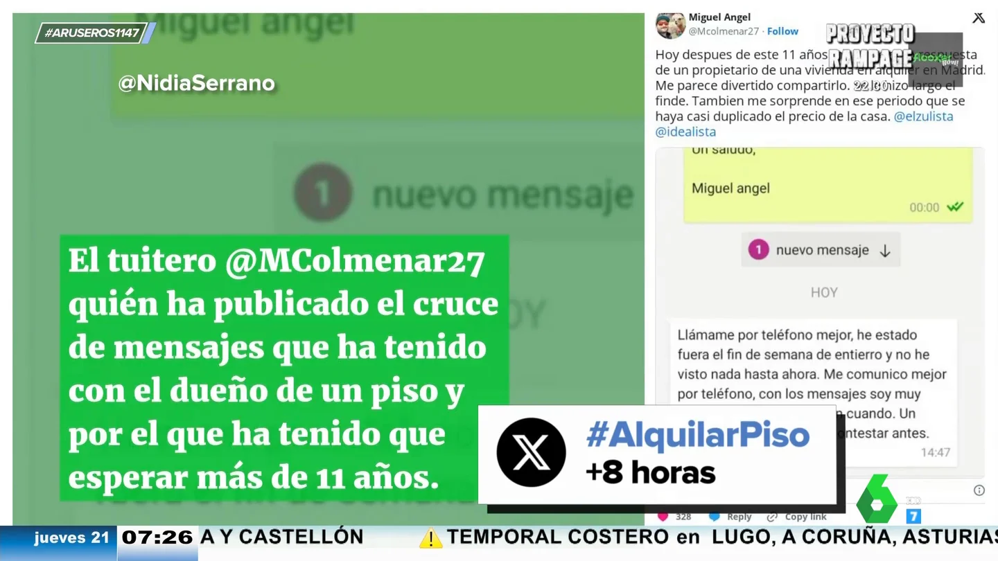 Intenta alquilar un piso en Madrid y el casero le contesta 11 años después: "He estado fuera el fin de semana" Intenta alquilar un piso en Madrid y el casero le contesta 11 años después: "He estado fuera el fin de semana"