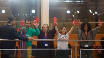 Asistentes en el pleno de la Asamblea de Madrid con las manos manchas en contra de la reforma de las leyes Trans y Lgtbi.