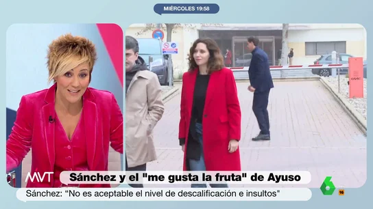 Cristina Pardo responde a Ayuso: "Si somos adultos no llamamos a Sánchez 'hijo de puta' y luego decimos 'me gusta la fruta'" Cristina Pardo responde a Ayuso: "Si somos adultos no llamamos a Sánchez 'hijo de puta' y luego decimos 'me gusta la fruta'"