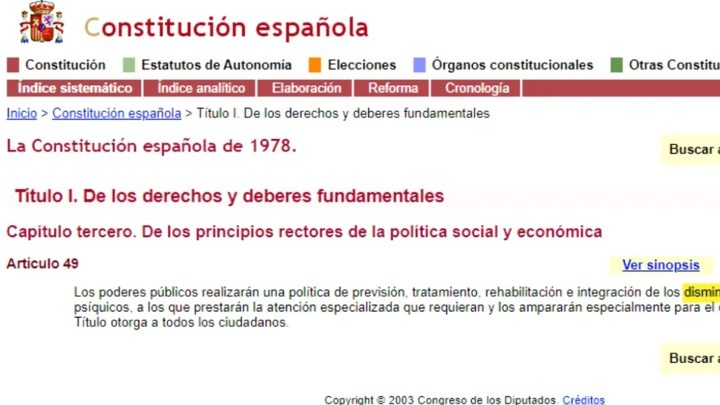 Imagen del artículo 49 de la Constitución Española. Imagen del artículo 49 de la Constitución Española.