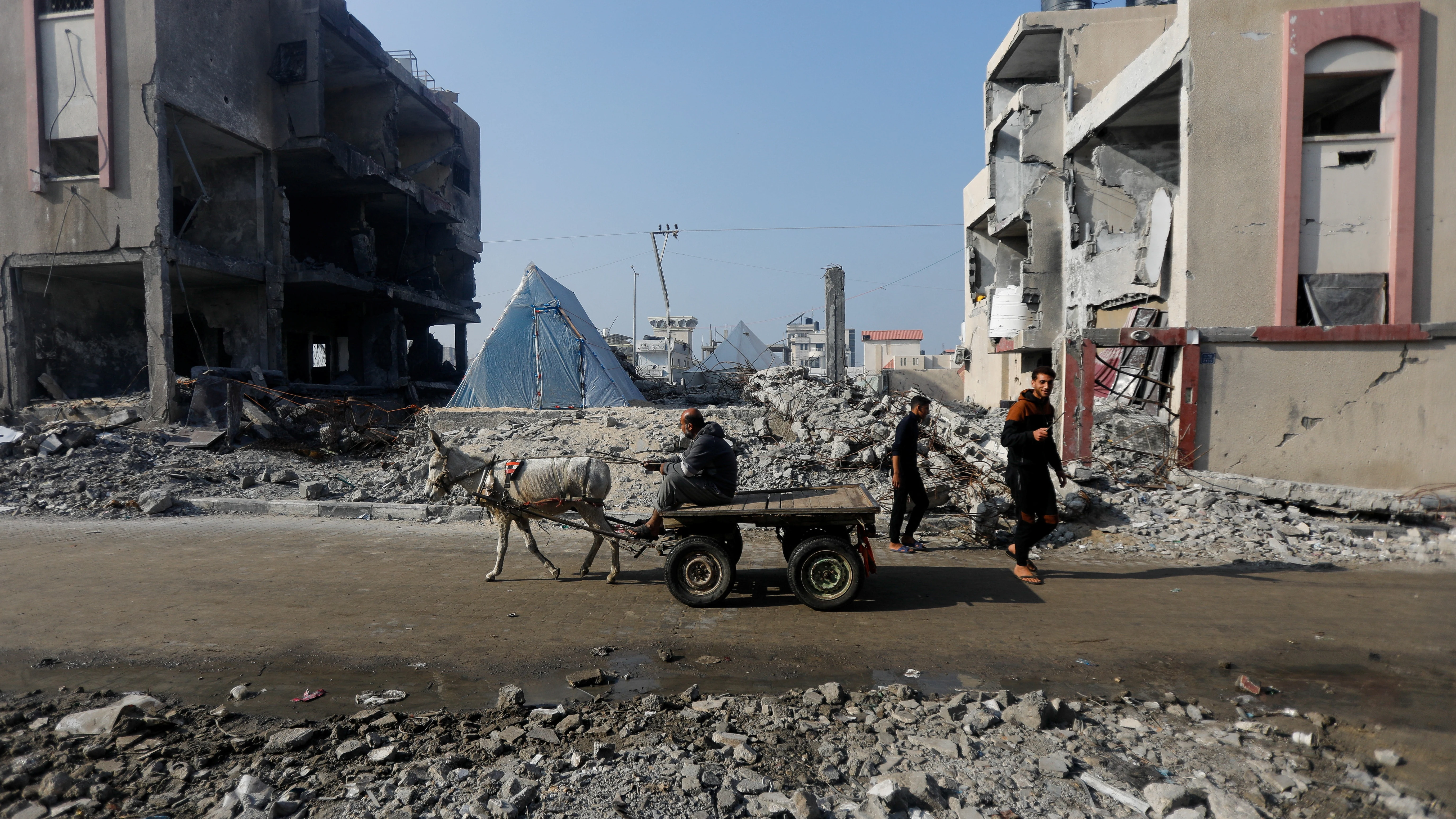 Un burro que tira de un carro pasa por los escombros de una casa destruida por un ataque israelí, en medio del conflicto en curso entre Israel y el grupo islamista palestino Hamas, en Rafah, al sur de la Franja de Gaza, el 1 de enero de 2024. 