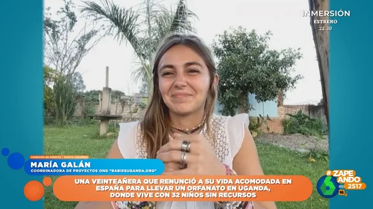 María Galán explica por qué renunció a su vida acomodada para llevar un orfanato en Uganda María Galán, coordinadora de proyectos de la ONG 'Babiesuganda.org', explica en este vídeo de Zapeando cómo es el día a día en el orfanato de Uganda donde vive con 32 niños sin recursos y cómo se produjo este importante cambio en su vida.