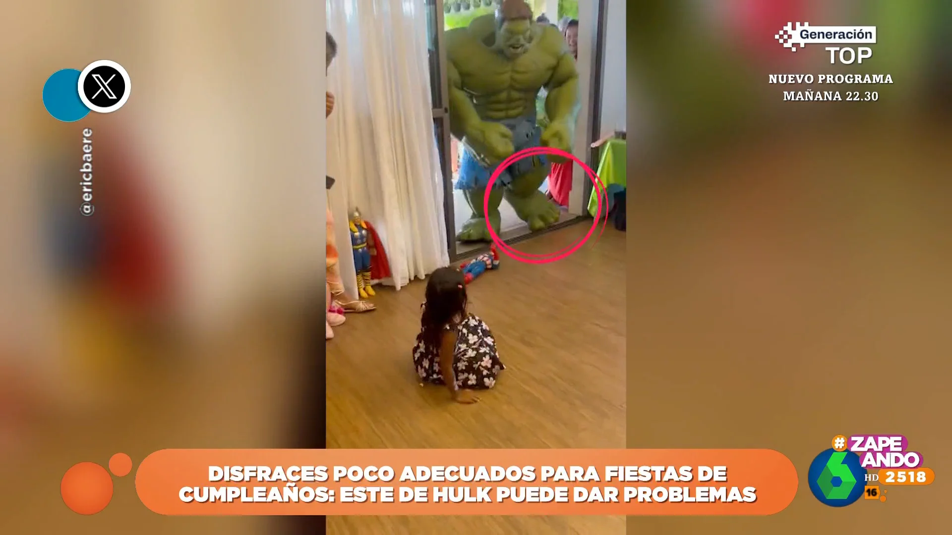 "Si quieres organizar una fiesta infantil, no es buena idea disfrazarse de Hulk", aconseja Dani Mateo a madres y padres en este vídeo donde una persona caracterizada como el superhéroe de Marvel protagoniza una aparatosa entrada y un peculiar baile.