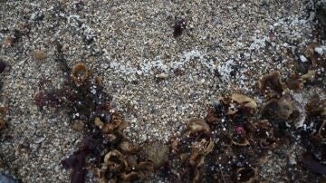 Pellets de plástico en la playa de Sabón, a 9 de enero de 2024, en A Coruña, Galicia (España).