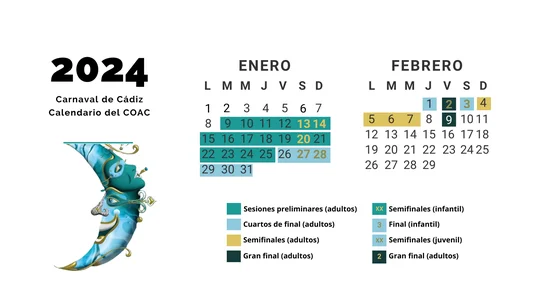 Calendario del Carnaval de Cádiz (COAC) 2024: preliminares, cuartos, semifinales y gran final Calendario del Carnaval de Cádiz (COAC) 2024: preliminares, cuartos, semifinales y gran final