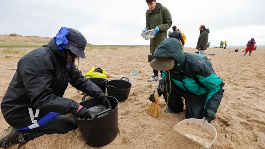 Un grupo de voluntaros convocados por el ayuntamiento, durante las labores de recogida de granza (pellets), este sábado en la playa de Balieiros, en Corrubedo. Un grupo de voluntaros convocados por el ayuntamiento, durante las labores de recogida de granza (pellets), este sábado en la playa de Balieiros, en Corrubedo.