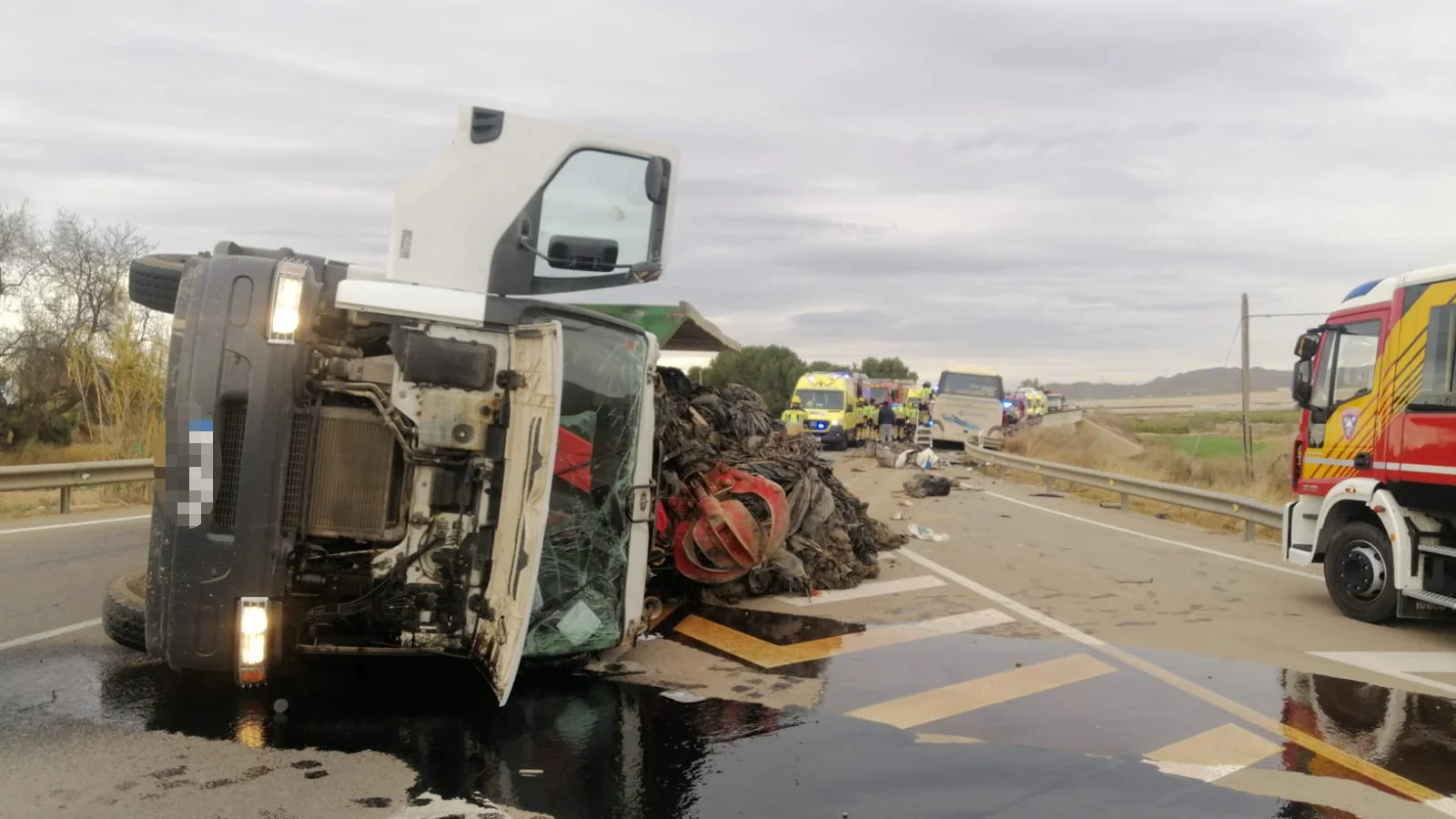 Imagen del camión volcado en la carretera que une Lorca (Murcia) y Pulpí (Almería)