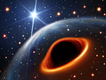 Ilustración de sistema binario agujero negro-púlsar