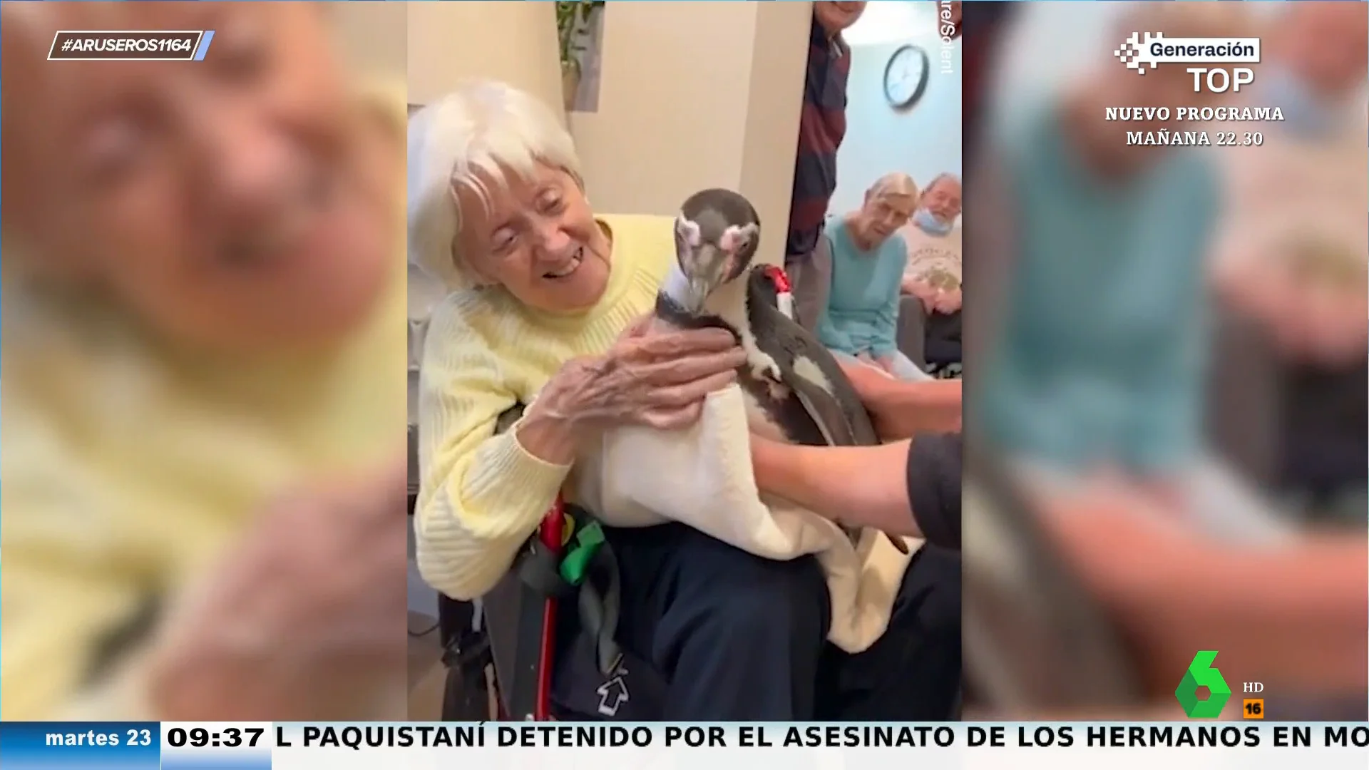 Unos pingüinos visitan una residencia de ancianos para alegrarle el día a sus usuarios