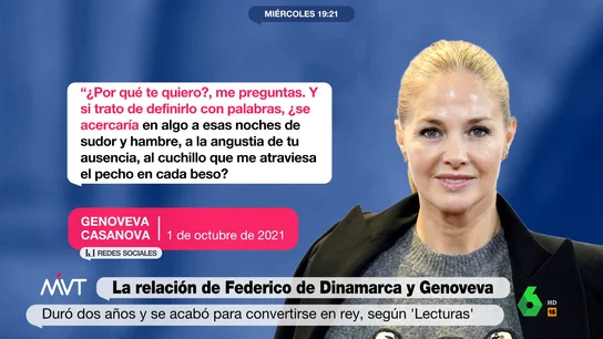 El mensaje hiperromántico que Genoveva Casanova borró: ¿dirigido a Federico de Dinamarca? "Te quiero porque sin ti no hay amor", escribía Genoveva Casanova en un post de Instagram que luego borraría y en el que también hablaba de "noches de sudor y hambre" y un "cuchillo que me atraviesa el pecho en cada beso".