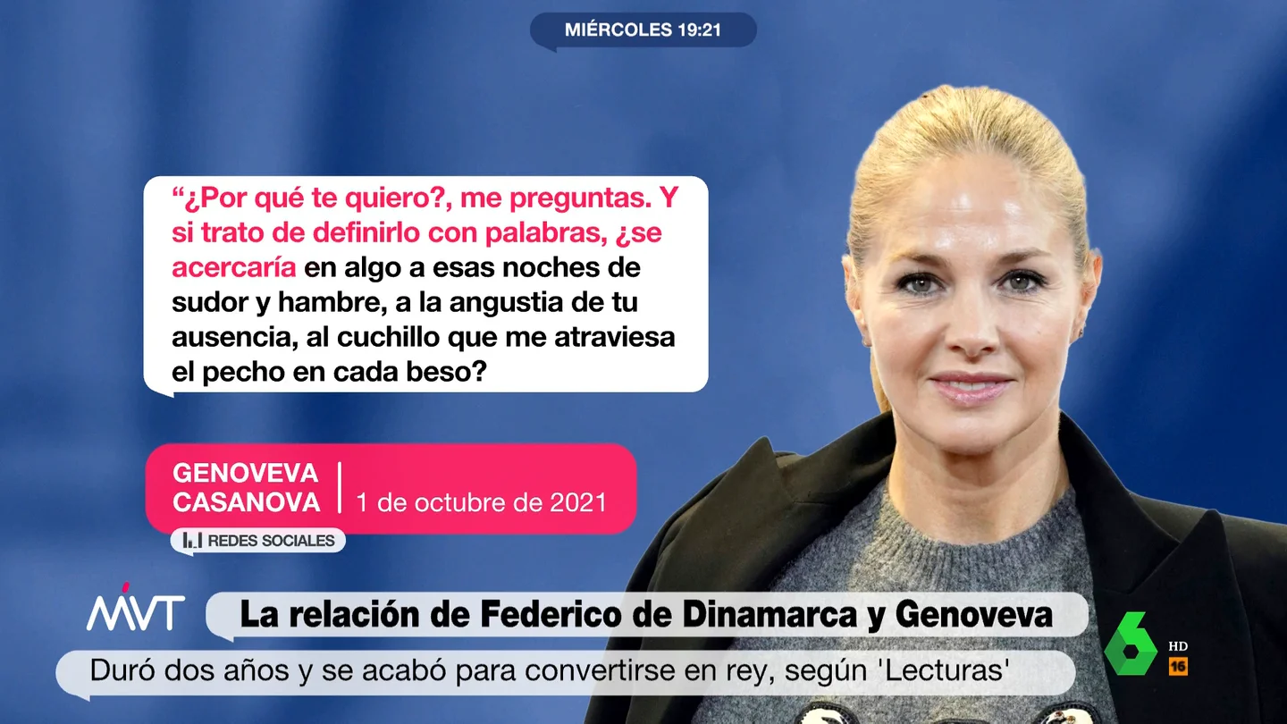 El mensaje hiperromántico que Genoveva Casanova borró: ¿dirigido a Federico de Dinamarca? "Te quiero porque sin ti no hay amor", escribía Genoveva Casanova en un post de Instagram que luego borraría y en el que también hablaba de "noches de sudor y hambre" y un "cuchillo que me atraviesa el pecho en cada beso".