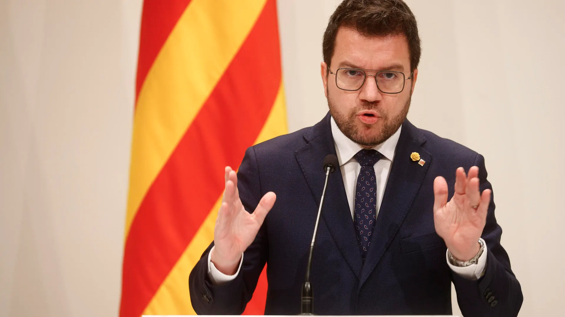 El presidente de la Generalitat, Pere Aragonès, durante una comparecencia en el Palau de la Generalitat