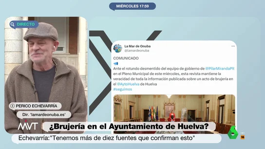 Habla el periodista que destapó el caso de brujería en el Ayuntamiento de Huelva "Tenemos más de diez fuentes que lo confirman y una que lo desmiente, el primer teniente de alcalde en el pleno de hoy", afirma en este vídeo Perico Echevarría, periodista que destapó el supuesto ritual de brujería en el Ayuntamiento de Huelva.