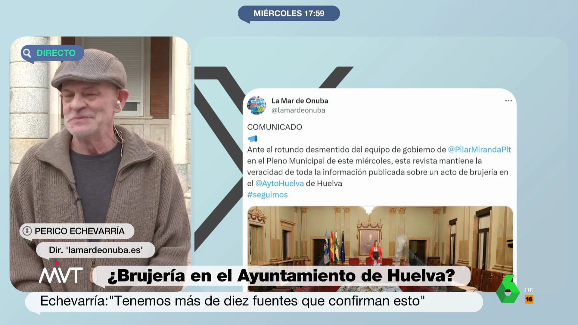 "Tenemos más de diez fuentes que lo confirman y una que lo desmiente, el primer teniente de alcalde en el pleno de hoy", afirma en este vídeo Perico Echevarría, periodista que destapó el supuesto ritual de brujería en el Ayuntamiento de Huelva.